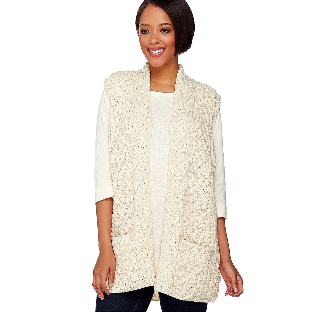Kilronan NWT Merino Wool Open Front White Ivory Vest with Pockets M